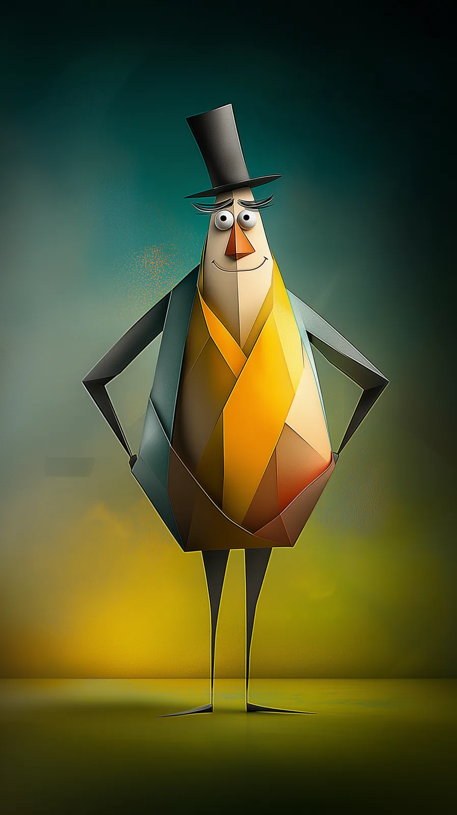A friendly geometric lamplighter wearing a top hat