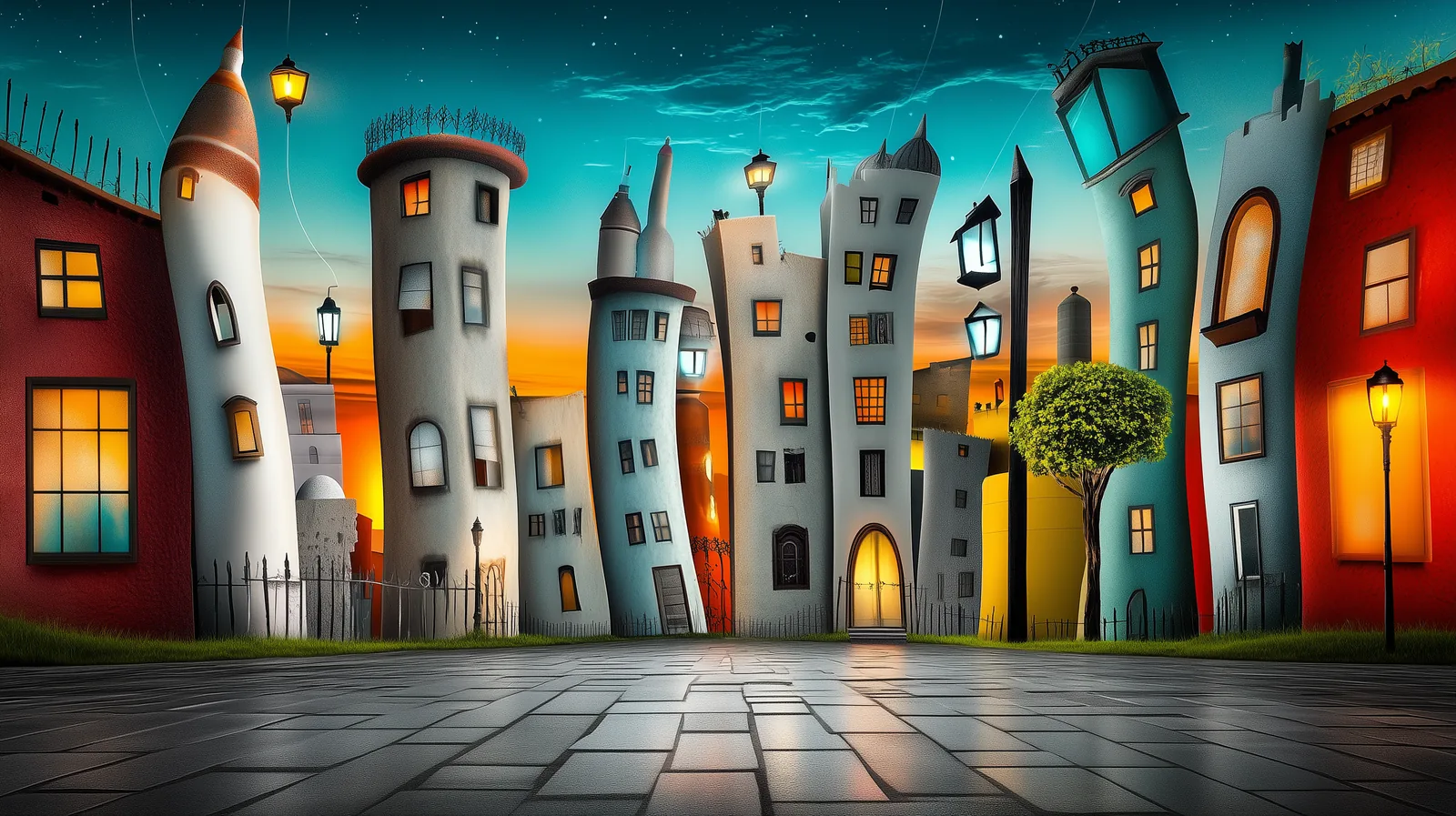 Warm houses and lit windows along a quiet street at night